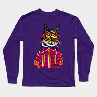 Colorful Hipster Cat Long Sleeve T-Shirt